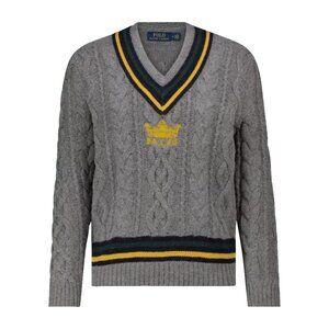 NWT Polo Ralph Lauren Embroidered Crown Cable Knit Cricket Sweater in Gray L